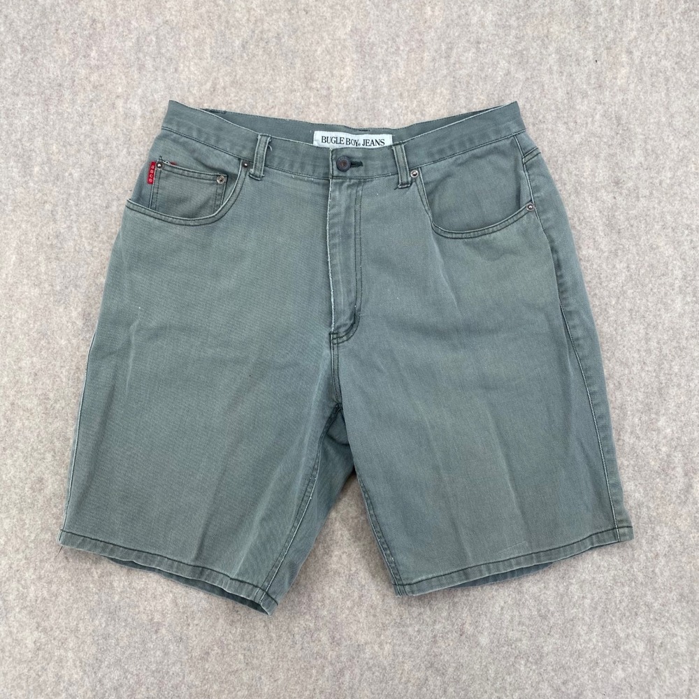 Vintage Bugle Boy Jeans Shorts Mens 33 Green Denim 90s BBC Red Tab Faded Olive